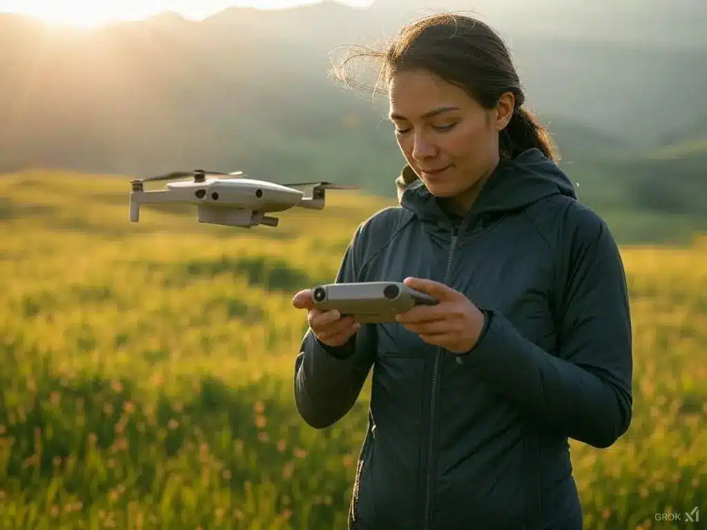 Une femme qui utilise un mini drone pendant ses vacances