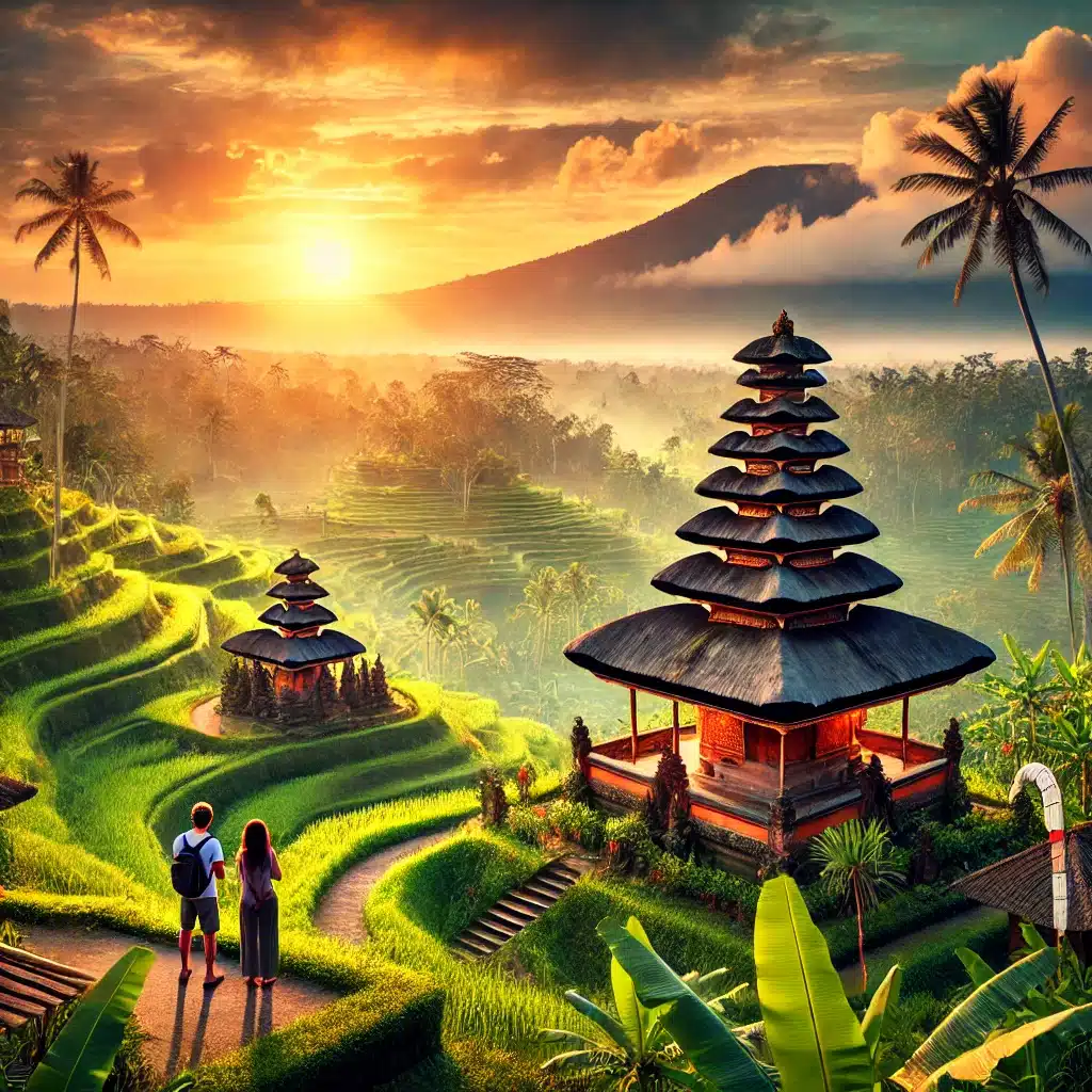 Une-magnifique-vue-de-Bali-avec-des-rizieres-en-terrasse-verdoyantes-un-temple-balinais-traditionnel-sur-pilotis-et-un-coucher-de-soleil-spectaculaire