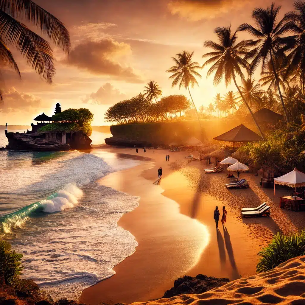 Une-magnifique-plage-de-Bali-au-coucher-du-soleil-avec-du-sable-dore-des-vagues-douces-et-des-palmiers-inclines.-Des-vacanciers-profitent-de-leau