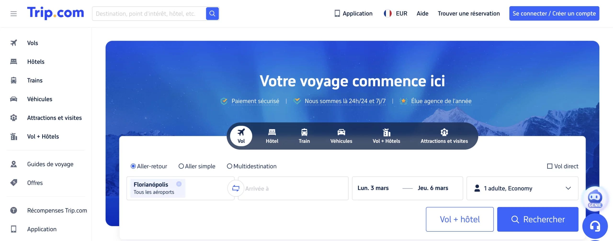 Capture d'écran de la page d'accueil de trip.com