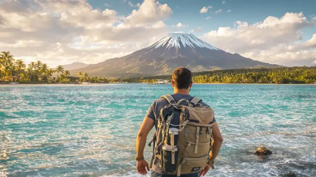 une homme qui a son sac à dos de voyage sur une plage qui regarde une montagne