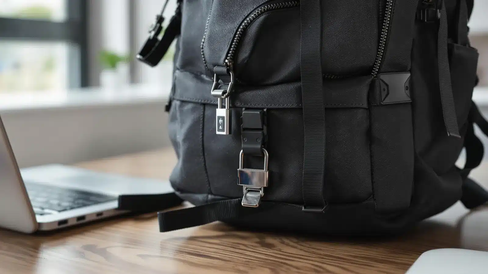 un sac à dos antivol et un ordinateur sur une table