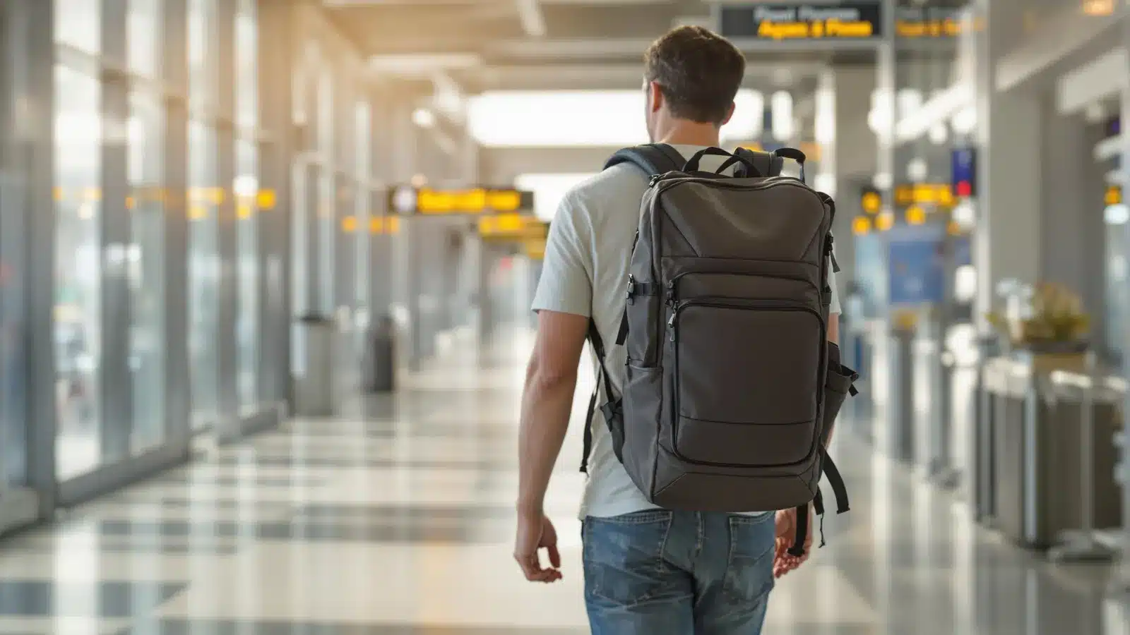 une personne à l'aéroport avec son sac à dos antivol