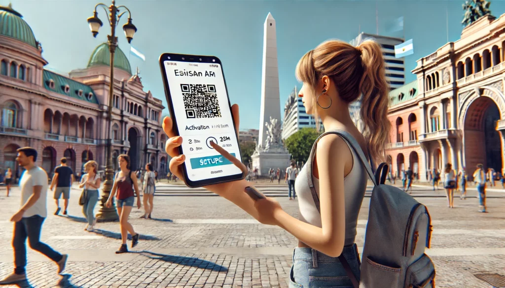 A-realistic-scene-set-in-Buenos-Aires-Argentina-showing-a-young-tourist-woman-mid-20s-casual-clothes-backpack-activating-an-eSIM-on-her-smartph.