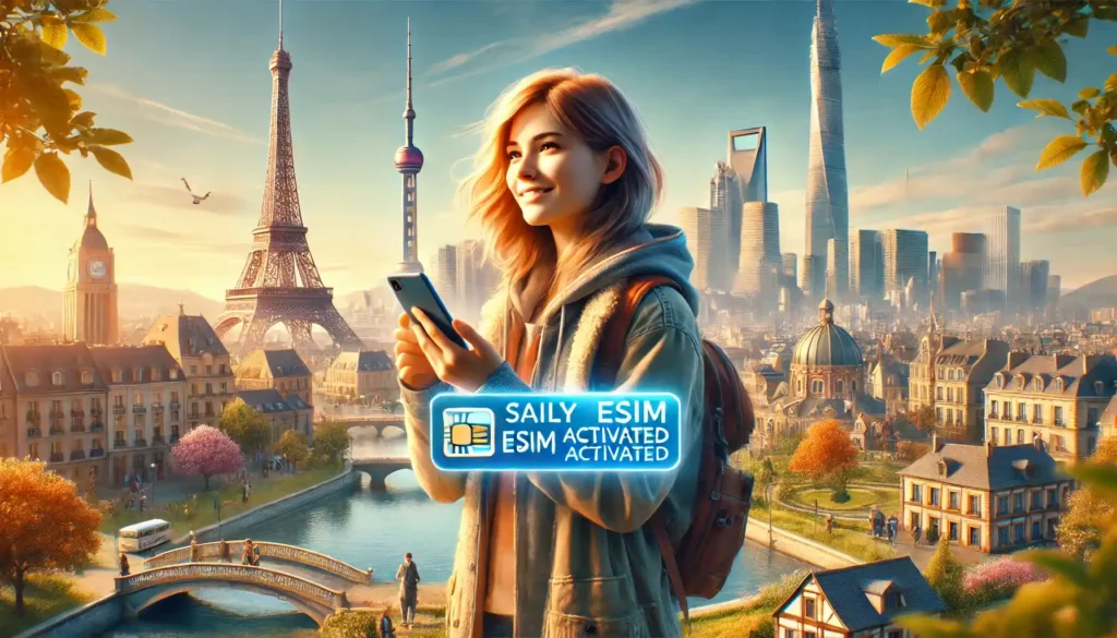 -A-realistic-landscape-image-showing-a-young-traveler-using-a-smartphone-in-a-beautiful-foreign-city-symbolizing-global-connectivity-through-eSIM-tech