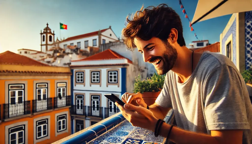 Une-personne-souriante-dune-trentaine-dannees-utilisant-un-smartphone-pour-activer-une-eSIM-au-Portugal.-Elle-est-assise-a-une-terrasse-ensoleille