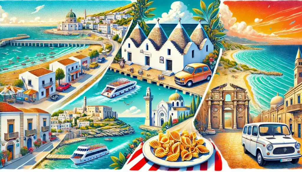 A-vibrant-travel-illustration-showing-a-road-trip-from-Puglia-Italy-to-the-Albanian-Riviera.-On-the-left-side-show-Bari-with-its-port-then-the-uniq