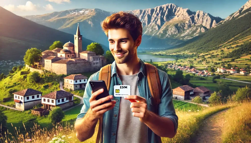 A-wide-landscape-image-of-a-tourist-in-Albania-using-an-eSIM.-The-tourist-is-holding-a-smartphone-while-standing-in-front-of-a-beautiful-Albanian-landscape