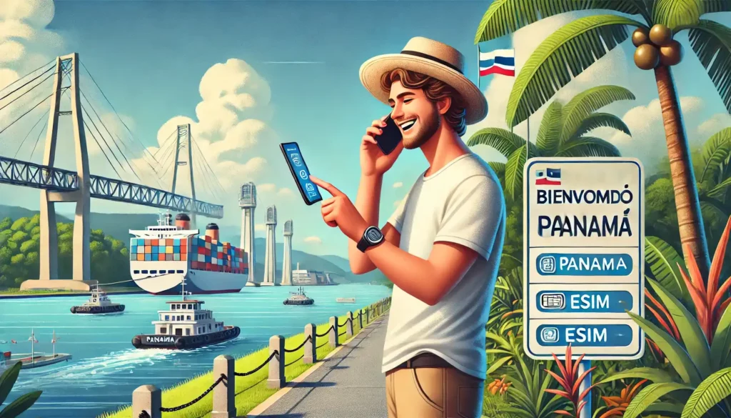 A-person-using-an-eSIM-on-their-smartphone-in-Panama-depicted-in-a-tropical-outdoor-setting.-The-individual-a-modern-traveler-wearing-light-clothes