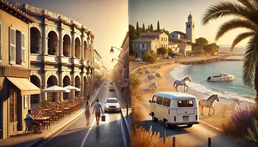 A-realistic-road-trip-scene-in-the-South-of-France-combining-Arles-and-Les-Saintes-Maries-de-la-Mer.-On-the-left-Arles-with-its-ancient-Roman-arena