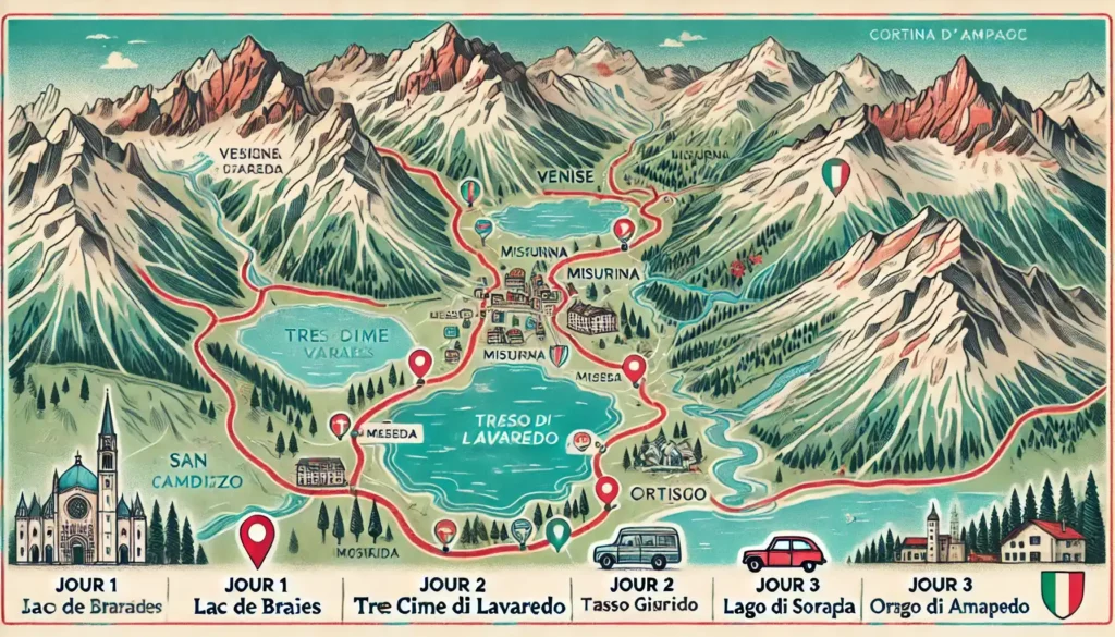 Carte-illustree-style-carnet-de-voyage-pour-un-road-trip-de-3-jours-dans-les-Dolomites-Italie.-Fond-topographique-doux-montrant-reliefs-et-montagnes