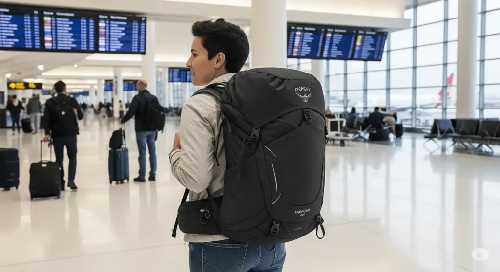 une dame avec son sac osprey farpoint à l'aéroport