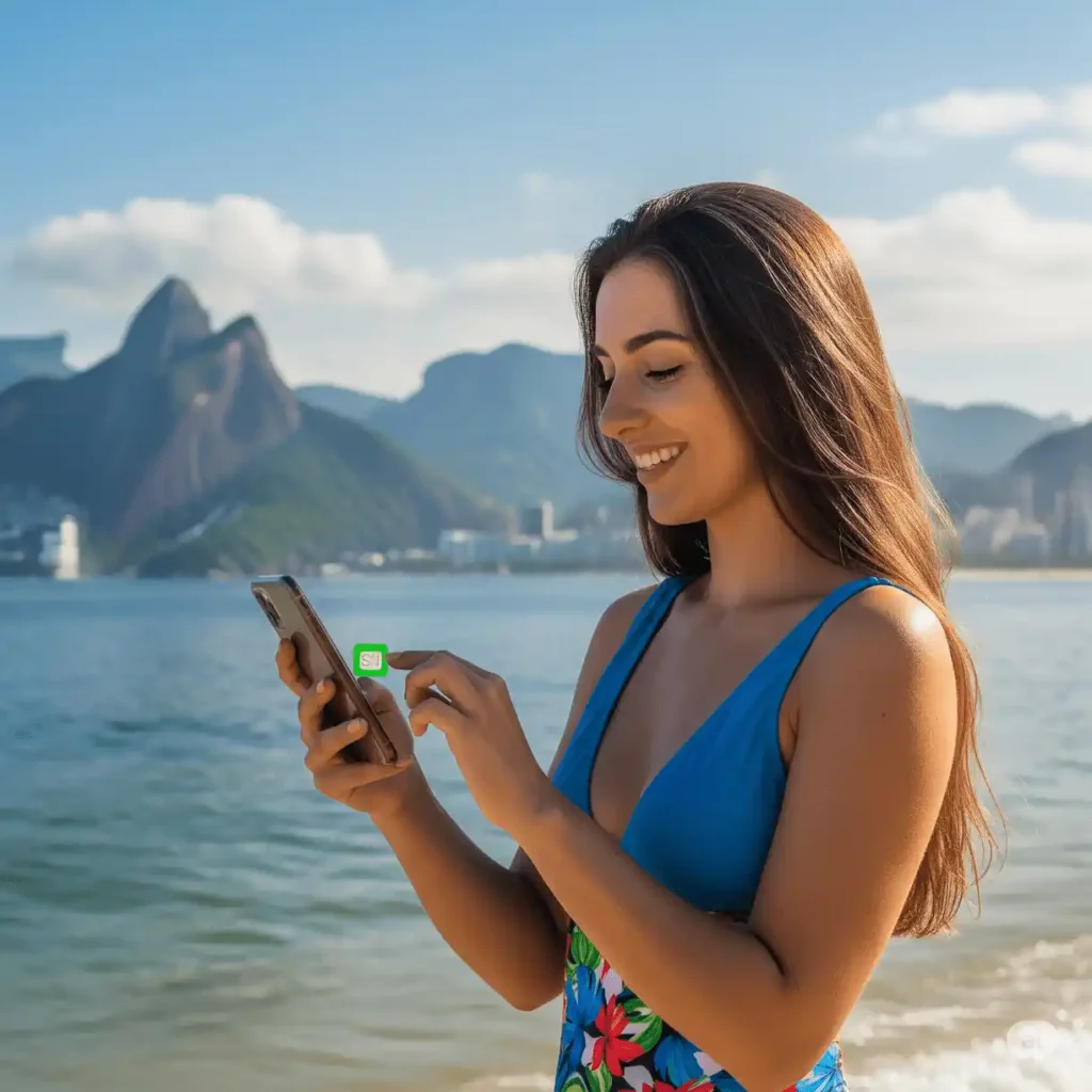 une fille utilise son esim brésil sur une plage