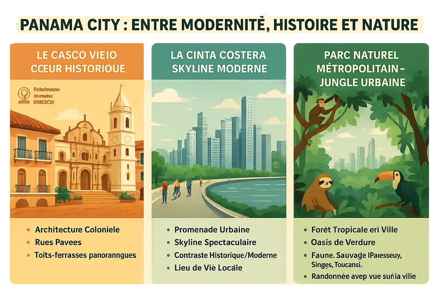 Panama City skyline avec Casco Viejo et forêt tropicale urbaine