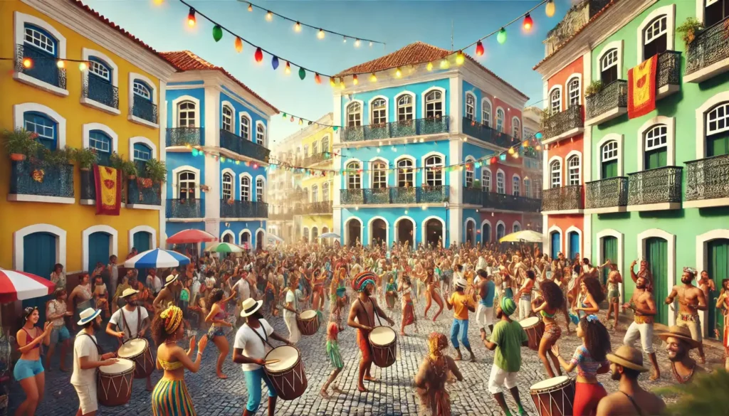 A-realistic-landscape-format-image-of-people-celebrating-at-Salvador-de-Bahia.-The-scene-shows-vibrant-street-festivities-with-people-dancing-playing-