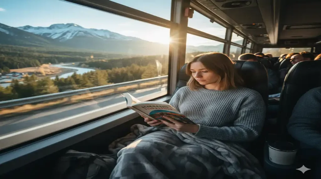 une dame lis pendant son voyage en bus
