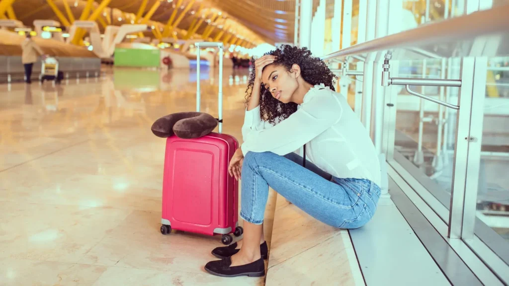 une fille qui essaye d'annuler son billet d'avion à l'aéroport