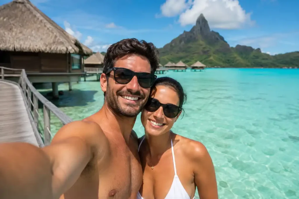 Un couple en voyage de noces prend un selfie dans un décor tropical paradisiaque, entouré d’une eau turquoise cristalline, de bungalows sur pilotis et d’une montagne luxuriante sous un ciel ensoleillé. Ils sourient face à l’objectif, profitant d’une ambiance romantique et détendue dans une destination exotique.