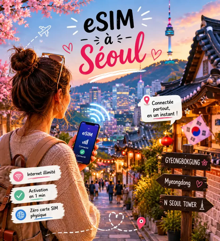 une fille qui utilise une esim à seoul