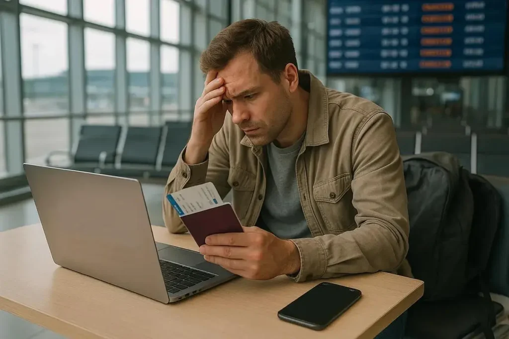 Voyageur consultant son téléphone face à un comptoir d'aéroport pour annuler son billet d'avion