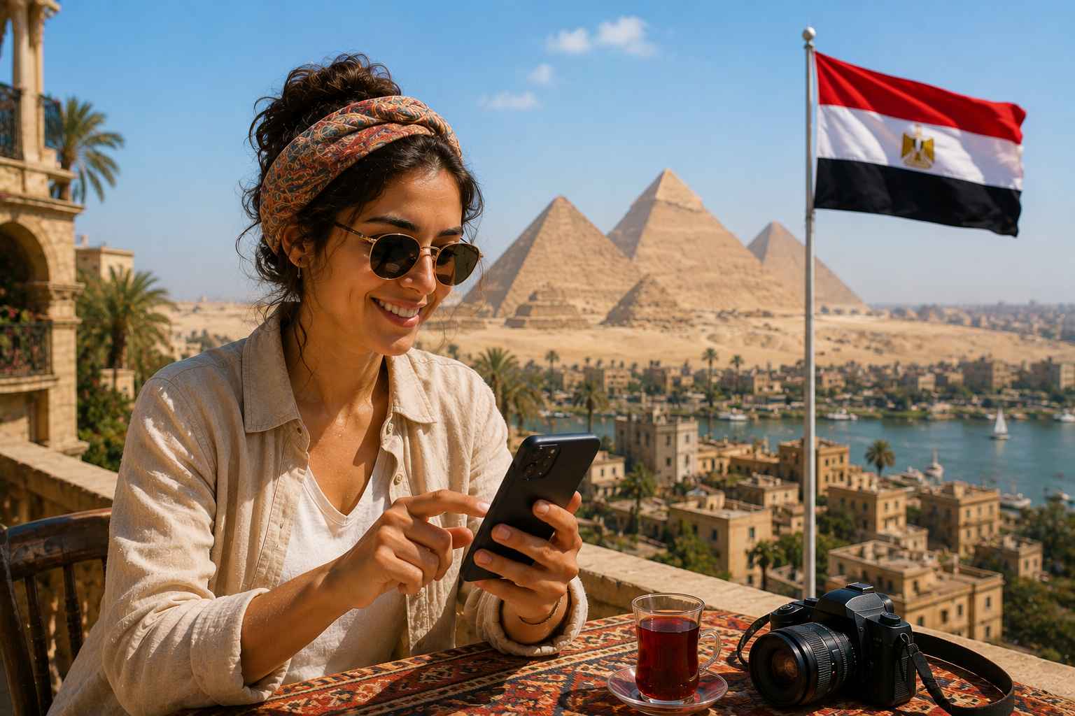 une fille utilise sa esim en egypte
