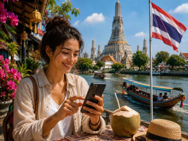 Une femme qui utilise sa esim en thailnde